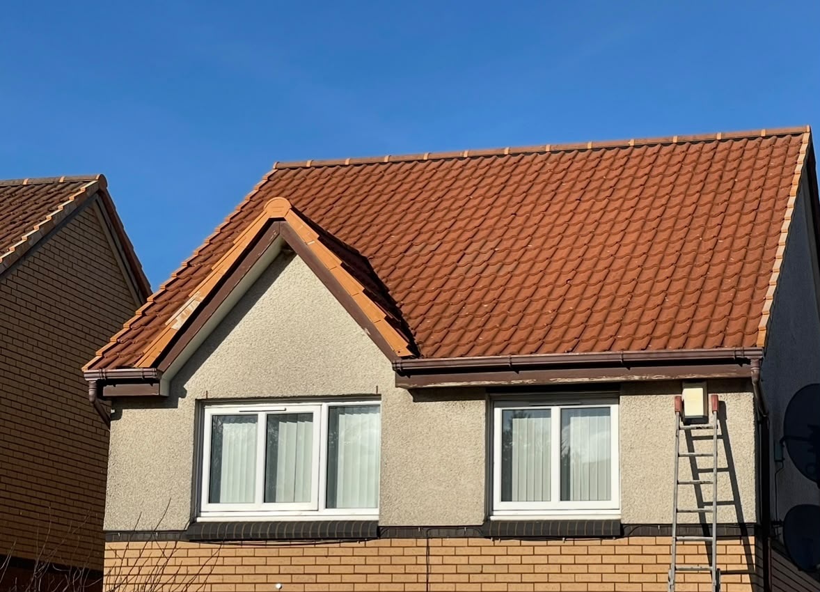 Clean terracotta tiled roof on a rendered house after roof moss removal